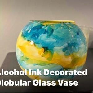 Alcohol Ink Decorated Globular Glass Vase - Blue & Yellow